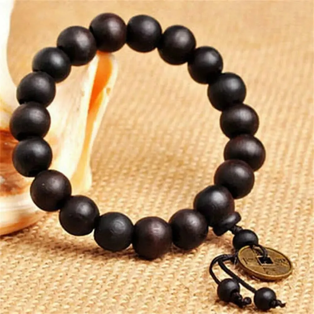 New Religion Buddhist Women Men Prayer Beads Wood Bead Bangle Copper Coin Buddha Bracelet