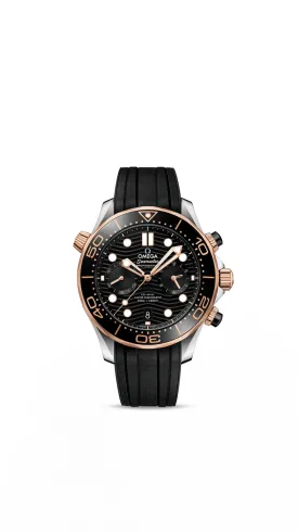Omega Seamaster Diver 300M Co‑Axial Master Chronometer Chronograph 44mm Steel ‑ Sedna™ Gold on Rubber Strap 210.22.44.51.01.001