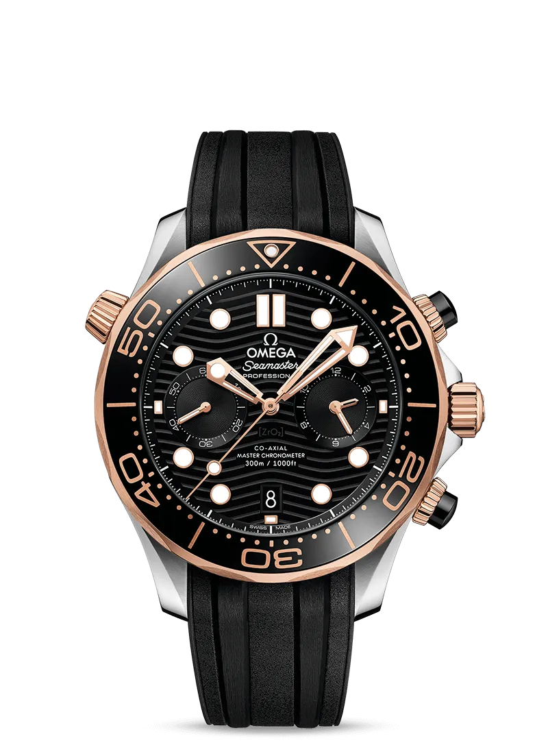 Omega Seamaster Diver 300M Co‑Axial Master Chronometer Chronograph 44mm Steel ‑ Sedna™ Gold on Rubber Strap 210.22.44.51.01.001