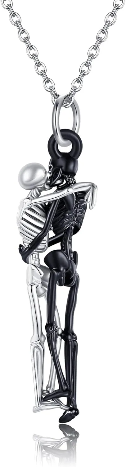 ONEFINITY Skeleton Hug Necklace 925 Sterling Silver Skull Love Hug Pendant Necklace Couples Gothic Necklace Jewelry For Women Men