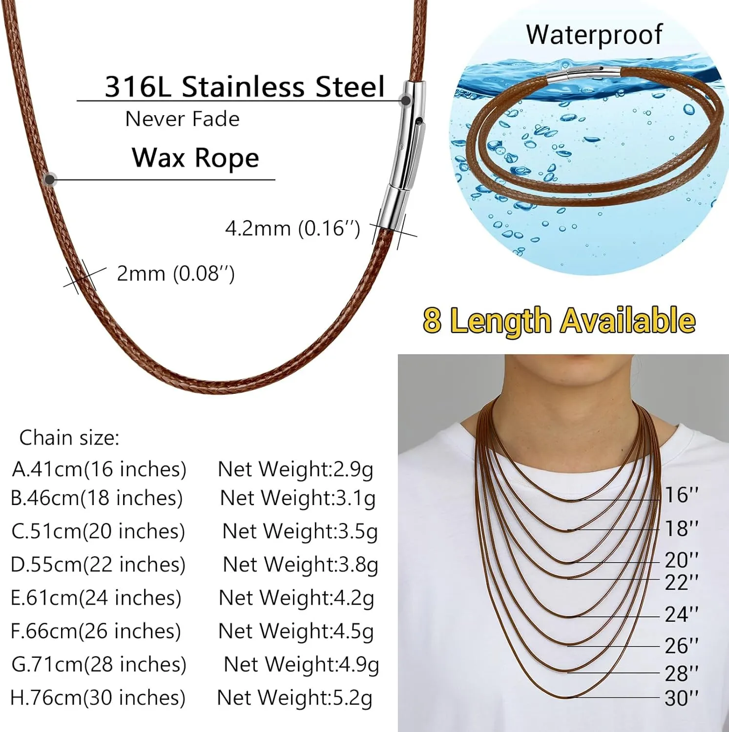 PROSTEEL Waterproof Leather Necklace Cord for Men, 2MM/3MM, 16??-30??, with Stainless Steel Clasp, DIY Chain for Pendant, Come with Box