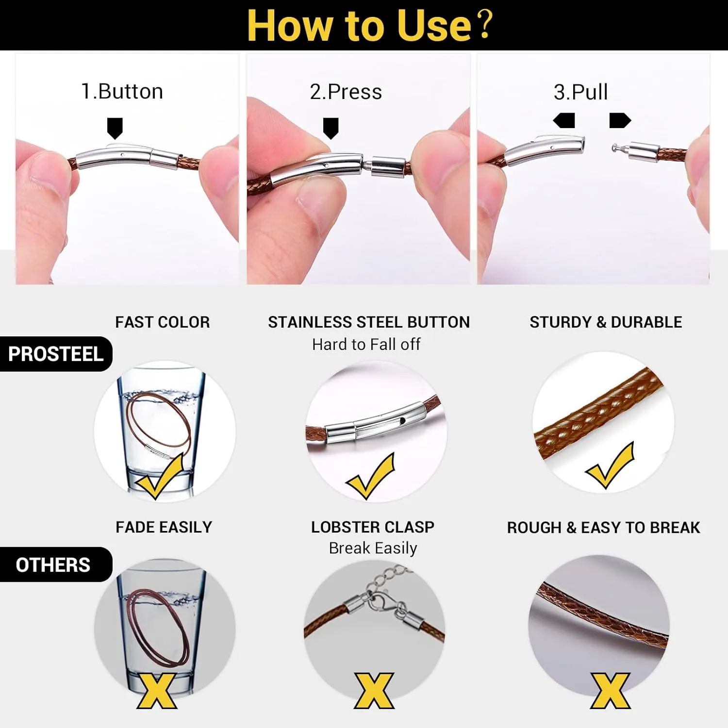 PROSTEEL Waterproof Leather Necklace Cord for Men, 2MM/3MM, 16??-30??, with Stainless Steel Clasp, DIY Chain for Pendant, Come with Box