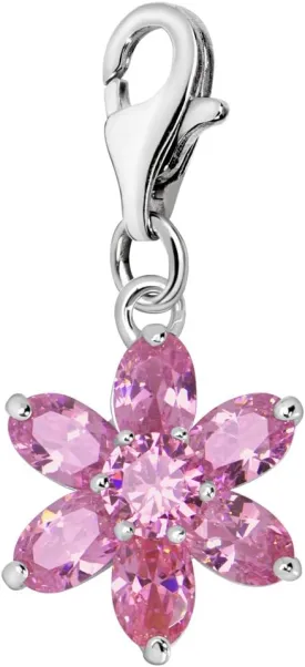 Quiges Crystal Pink Pear Cubic Zirconia Flower Clip On Charm Pendant Silver Plated Women's Jewellery