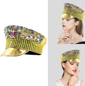 Rhinestones Fedora Hat Glittering Flat Top Hat Bridal Shower Party Hat Women Cap