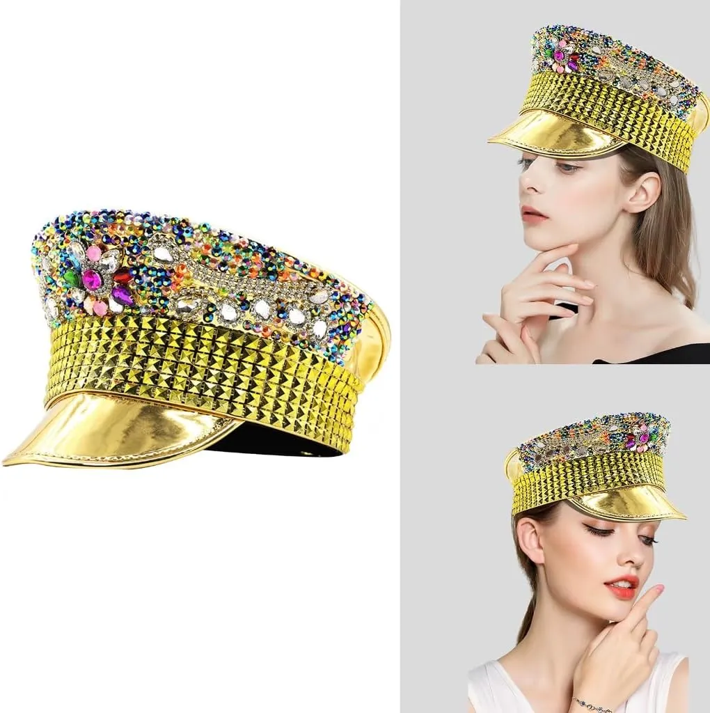 Rhinestones Fedora Hat Glittering Flat Top Hat Bridal Shower Party Hat Women Cap