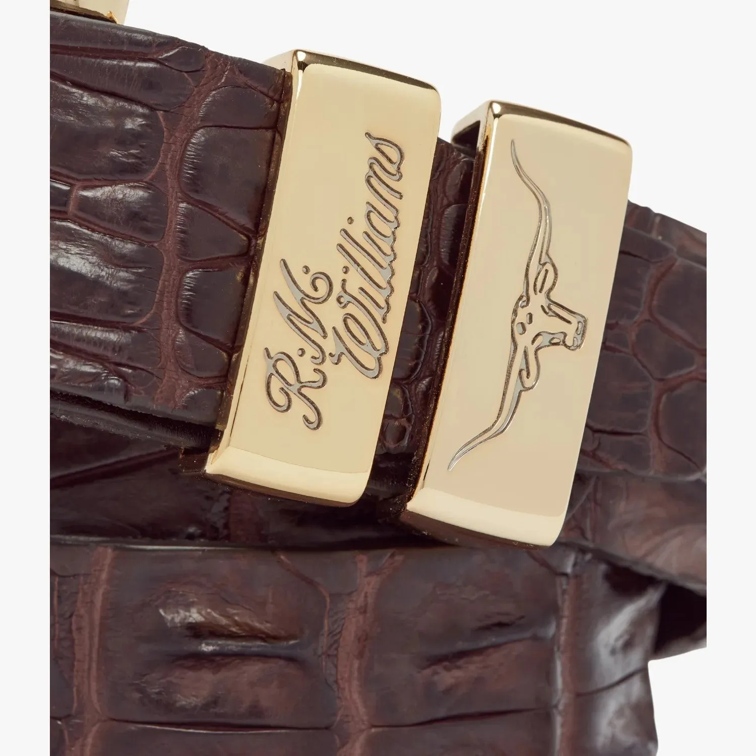 R.M.Williams - 1 1/2 Inch Crocodile Belt - High Polish Brass Buckle - Chestnut