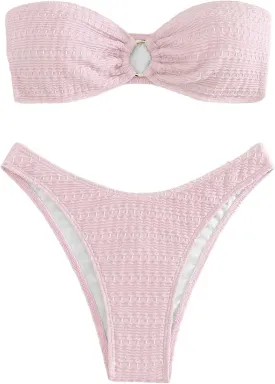 SHENHE Women's 2 Piece Bikini Set Summer Solid Ring Strapless Textured Bathingsuit