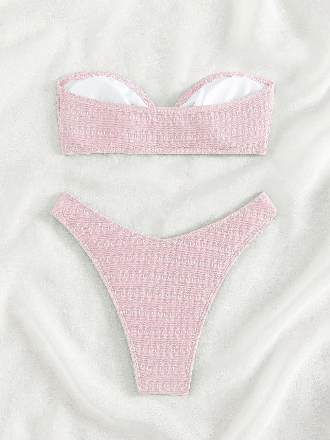 SHENHE Women's 2 Piece Bikini Set Summer Solid Ring Strapless Textured Bathingsuit