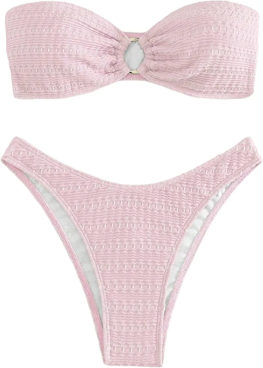 SHENHE Women's 2 Piece Bikini Set Summer Solid Ring Strapless Textured Bathingsuit