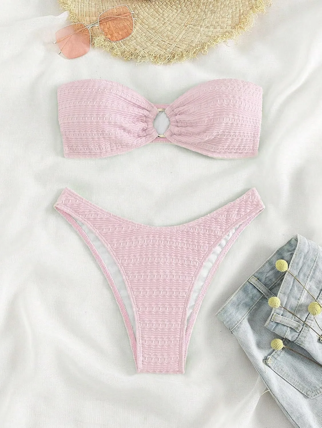 SHENHE Women's 2 Piece Bikini Set Summer Solid Ring Strapless Textured Bathingsuit