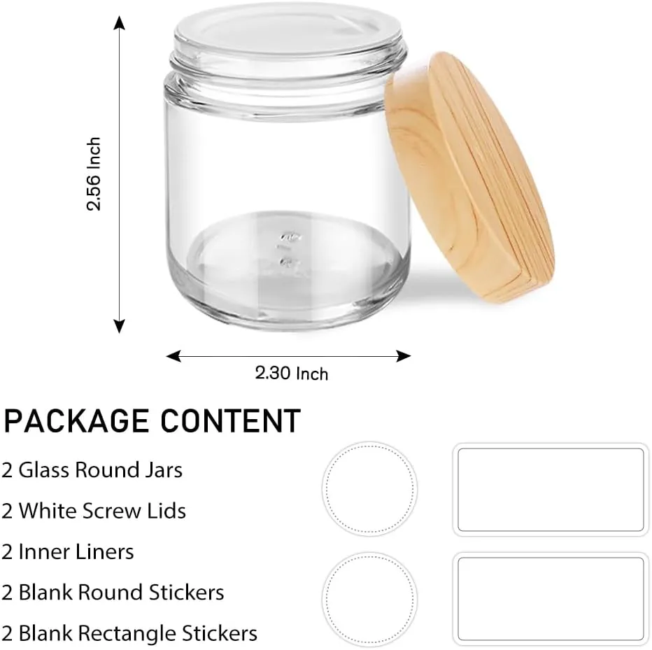 Small Glass Jars with Lids, 4 oz Glass Jars with Plastic Woodgrain Lids & Inner Liners, Reusable Travel Cosmetic Containers for Creams, Makeup, Lotion, Spice- 2 pack