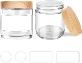 Small Glass Jars with Lids, 4 oz Glass Jars with Plastic Woodgrain Lids & Inner Liners, Reusable Travel Cosmetic Containers for Creams, Makeup, Lotion, Spice- 2 pack
