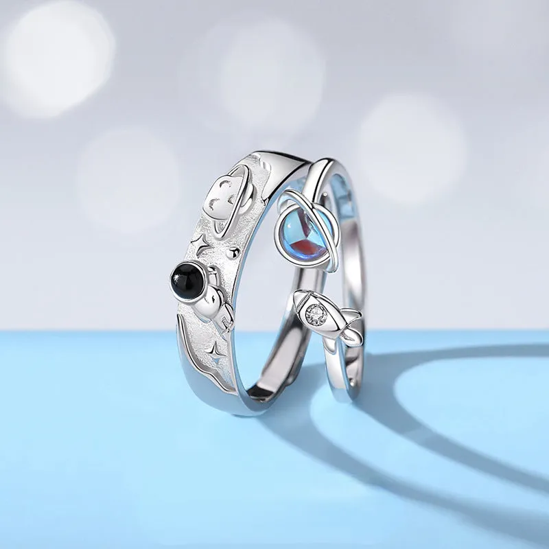 Spaceman Planets Moonstone Couple Rings Set