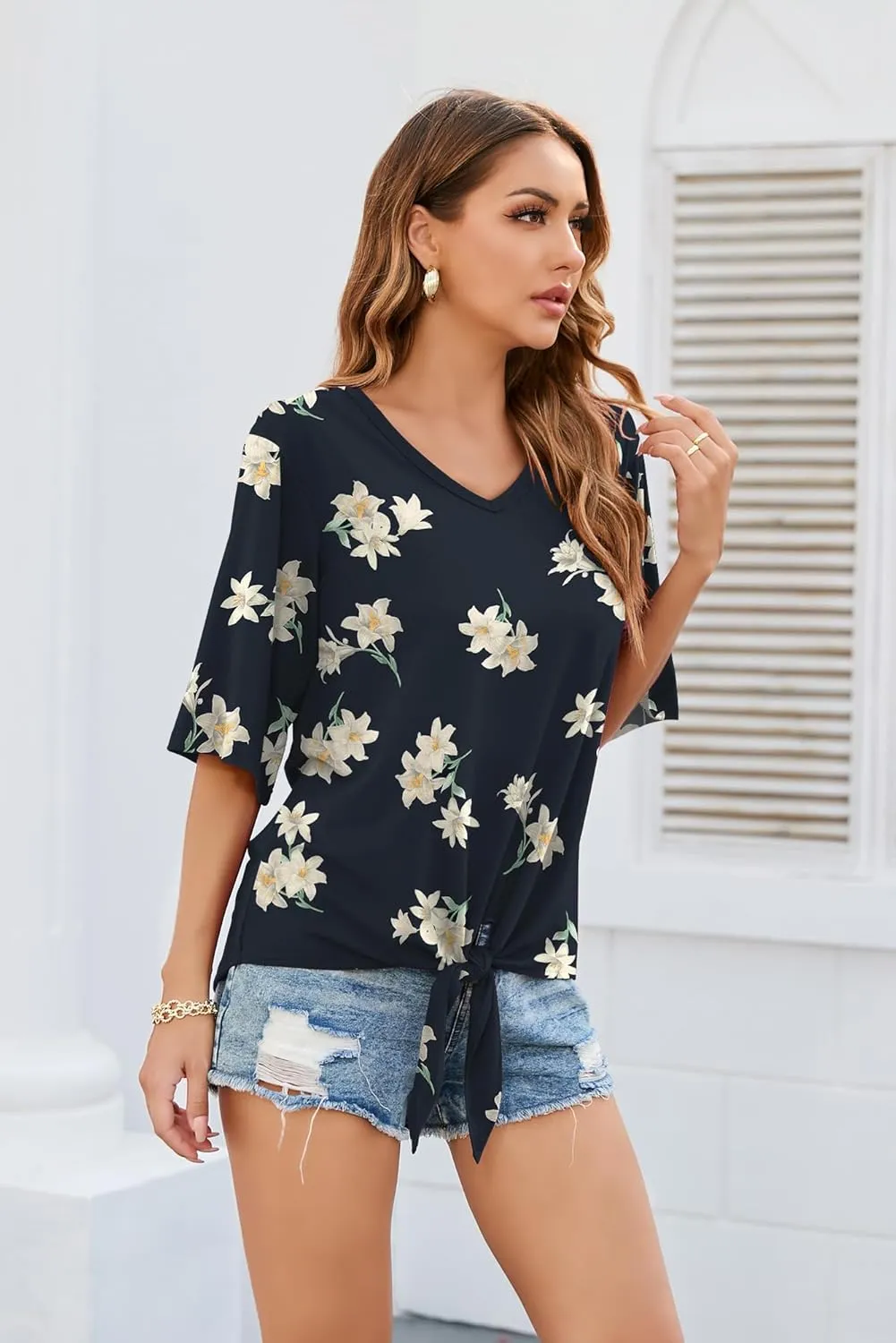SUEANI Women's Tie Front Tops Summer V Neck 3/4 Bell Sleeve Twist Knot T Shirts