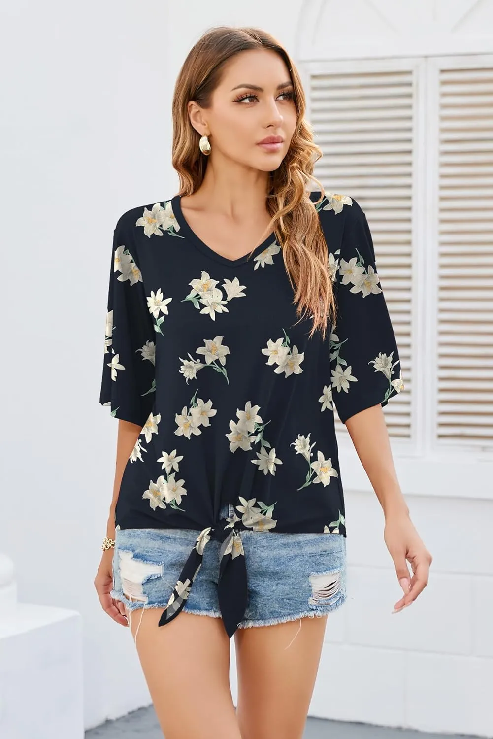 SUEANI Women's Tie Front Tops Summer V Neck 3/4 Bell Sleeve Twist Knot T Shirts