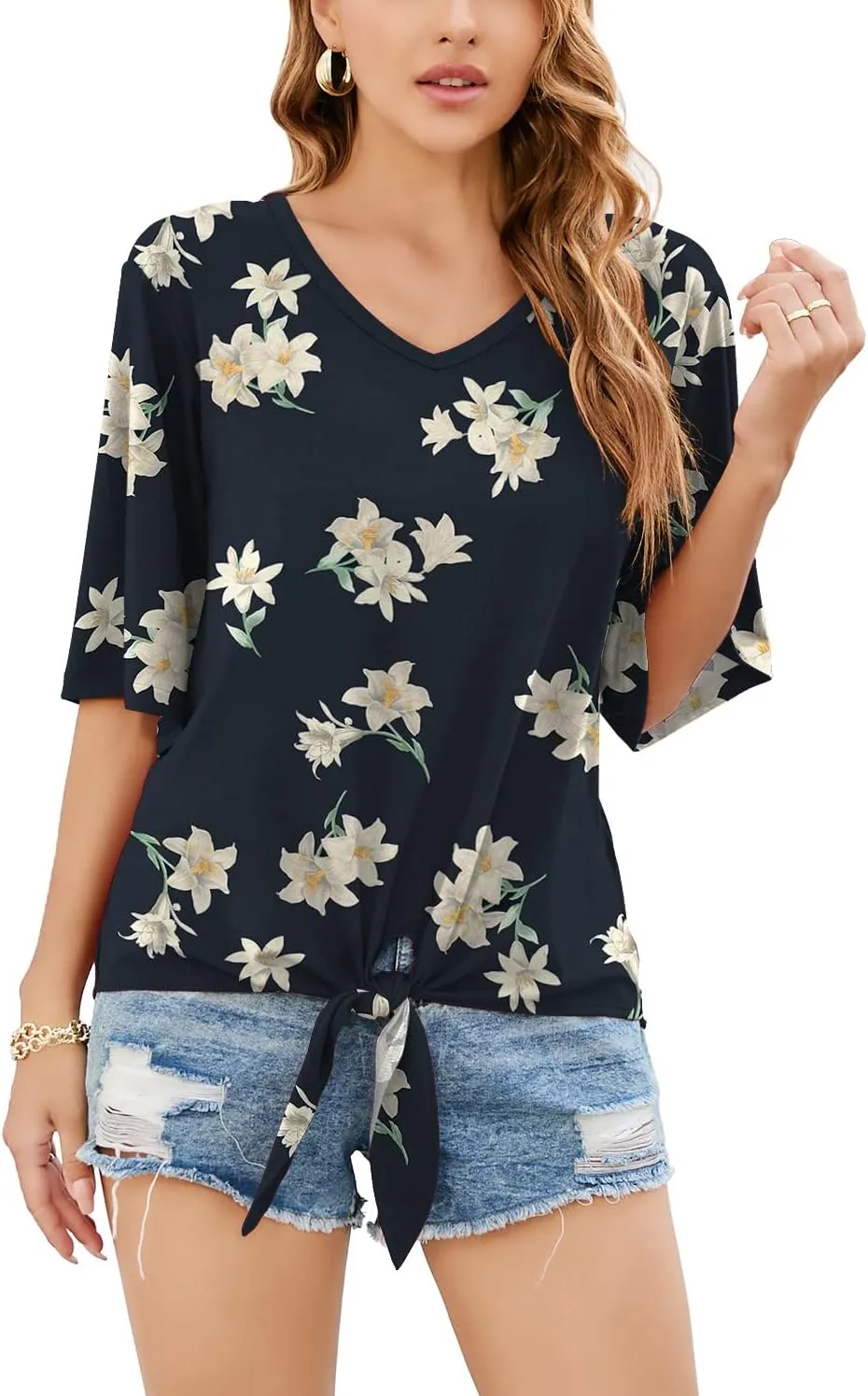 SUEANI Women's Tie Front Tops Summer V Neck 3/4 Bell Sleeve Twist Knot T Shirts