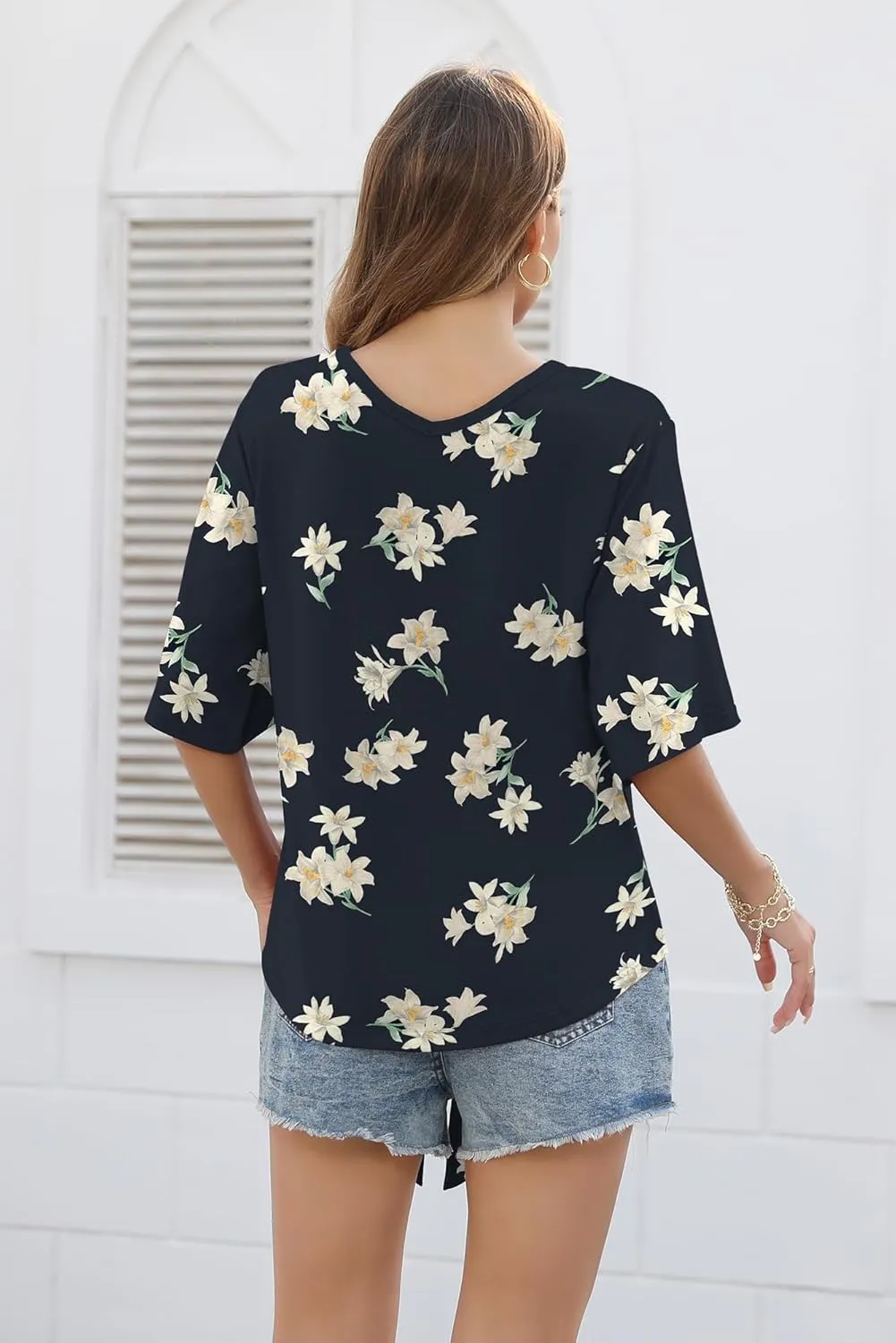 SUEANI Women's Tie Front Tops Summer V Neck 3/4 Bell Sleeve Twist Knot T Shirts