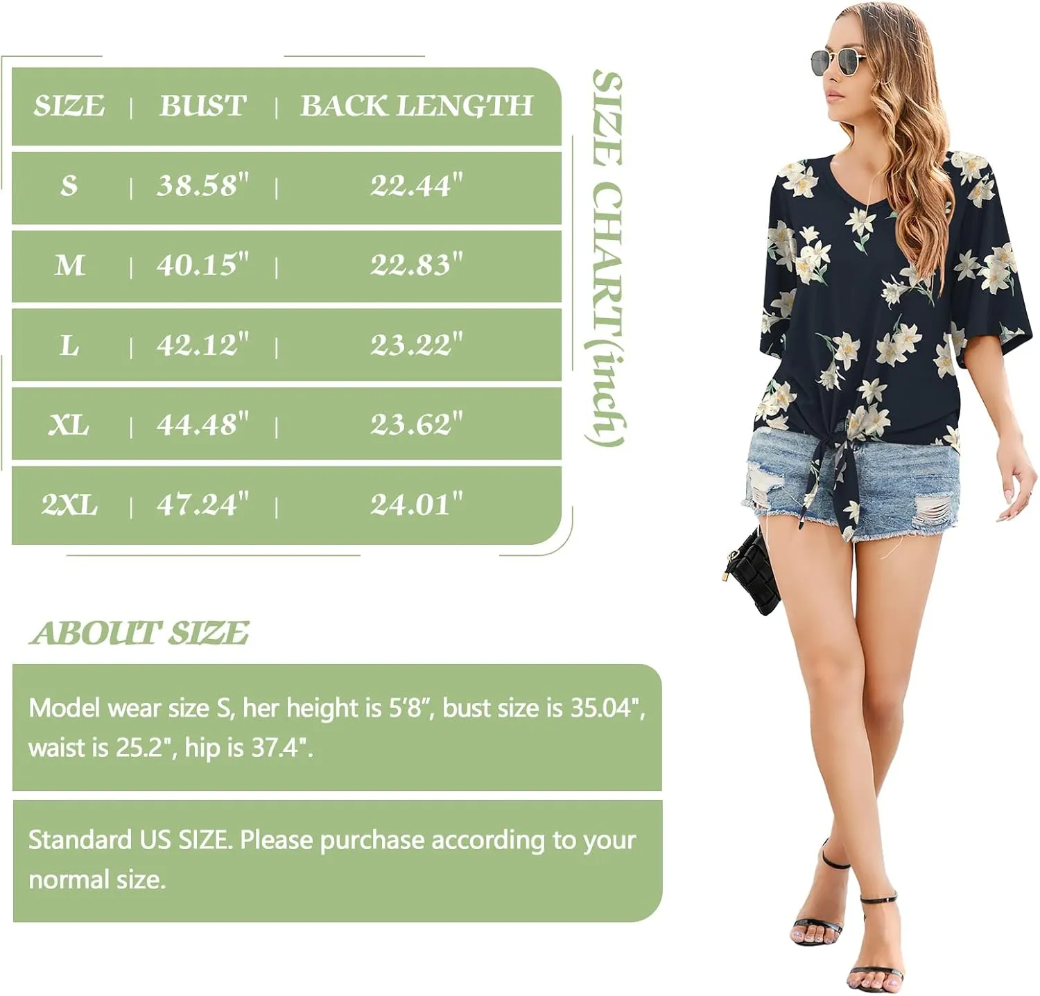 SUEANI Women's Tie Front Tops Summer V Neck 3/4 Bell Sleeve Twist Knot T Shirts