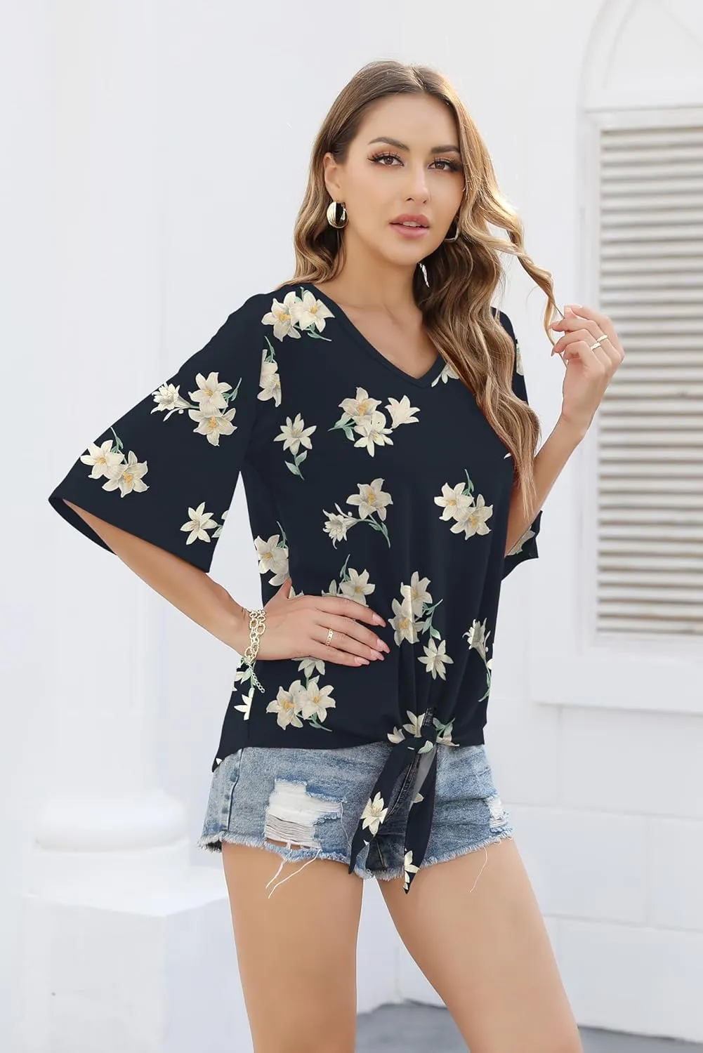 SUEANI Women's Tie Front Tops Summer V Neck 3/4 Bell Sleeve Twist Knot T Shirts