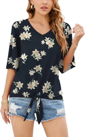 SUEANI Women's Tie Front Tops Summer V Neck 3/4 Bell Sleeve Twist Knot T Shirts