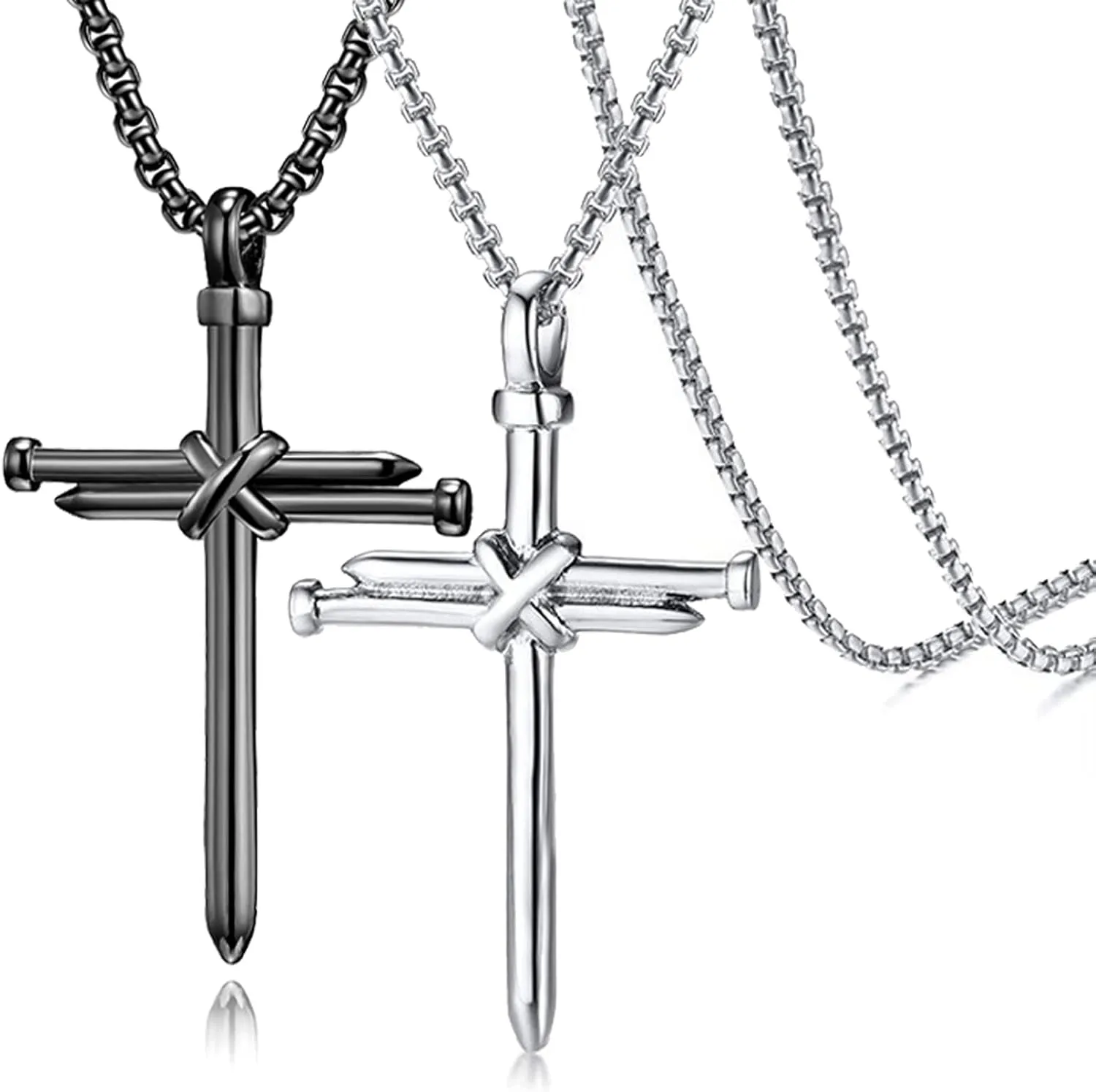 SuoFrun 2Pcs Stainless Steel Cross Nail Necklace Vintage Punk Men Women Jesus Christ Couple Friendship Pendant Necklace Christian Jewelry