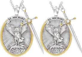 The Archangel Saint Michael/Oval Medal Necklace Protection Prayer Pendant Necklace Seal Solid with A Sword Pendant Necklace -2PCS??