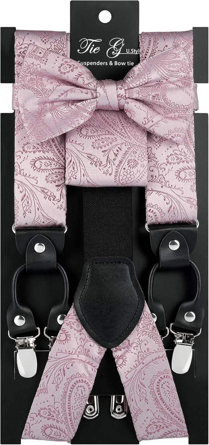 TIE G Paisley Suspender, Bow Tie, Pocket Square Set for Men's Tuxedo Suspenders : Adjustable Braces, Strong Enhanced 6 Clips