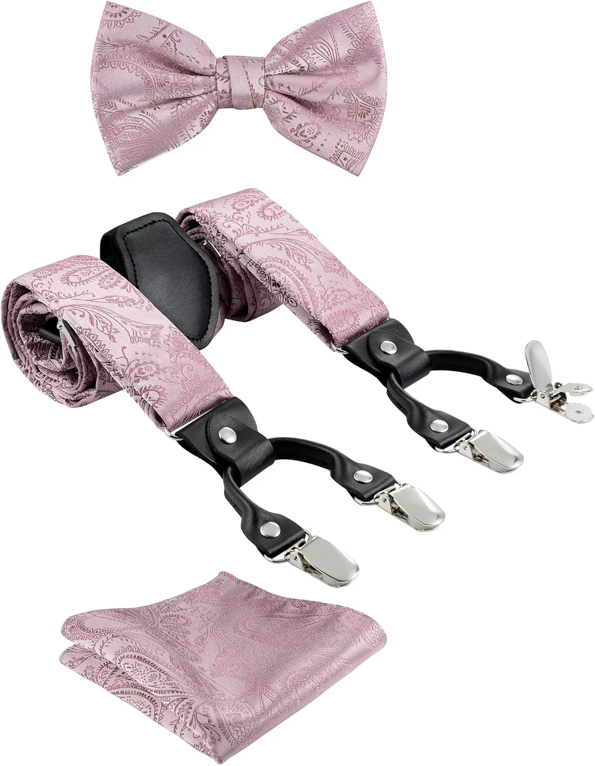 TIE G Paisley Suspender, Bow Tie, Pocket Square Set for Men's Tuxedo Suspenders : Adjustable Braces, Strong Enhanced 6 Clips