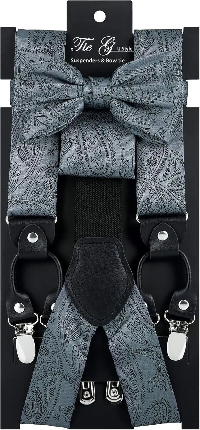 TIE G Paisley Suspender, Bow Tie, Pocket Square Set for Men's Tuxedo Suspenders : Adjustable Braces, Strong Enhanced 6 Clips