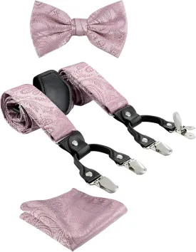 TIE G Paisley Suspender, Bow Tie, Pocket Square Set for Men's Tuxedo Suspenders : Adjustable Braces, Strong Enhanced 6 Clips