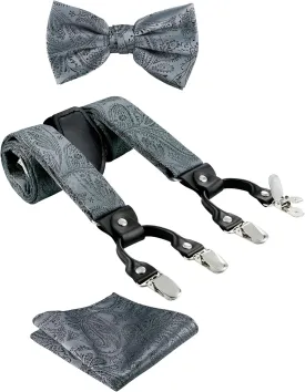 TIE G Paisley Suspender, Bow Tie, Pocket Square Set for Men's Tuxedo Suspenders : Adjustable Braces, Strong Enhanced 6 Clips