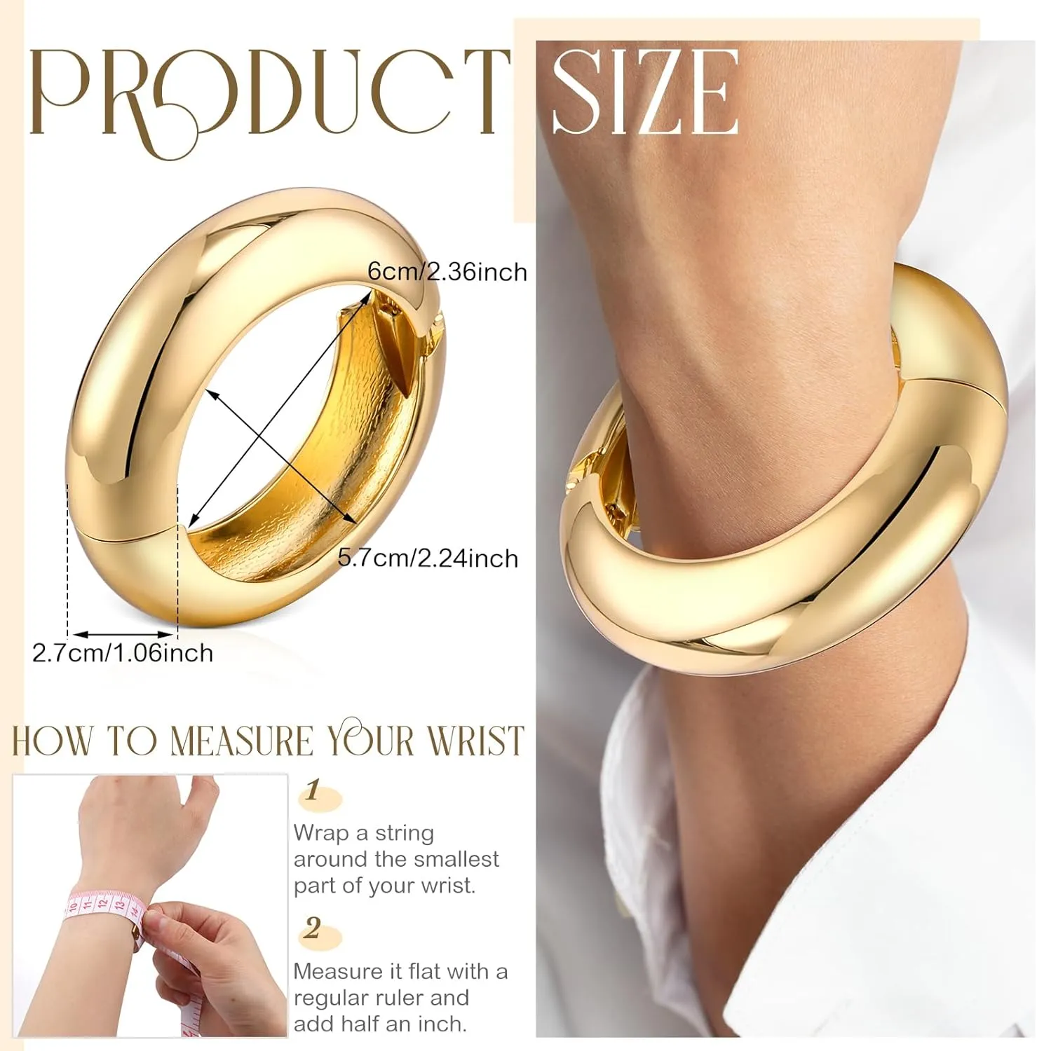 Tondiamo 2 Pcs Chunky Gold Bangle Bracelets Hinged Cuff Open Wide Chunky Cuffs Bracelet for Women Arm Wrist Bangle Gift