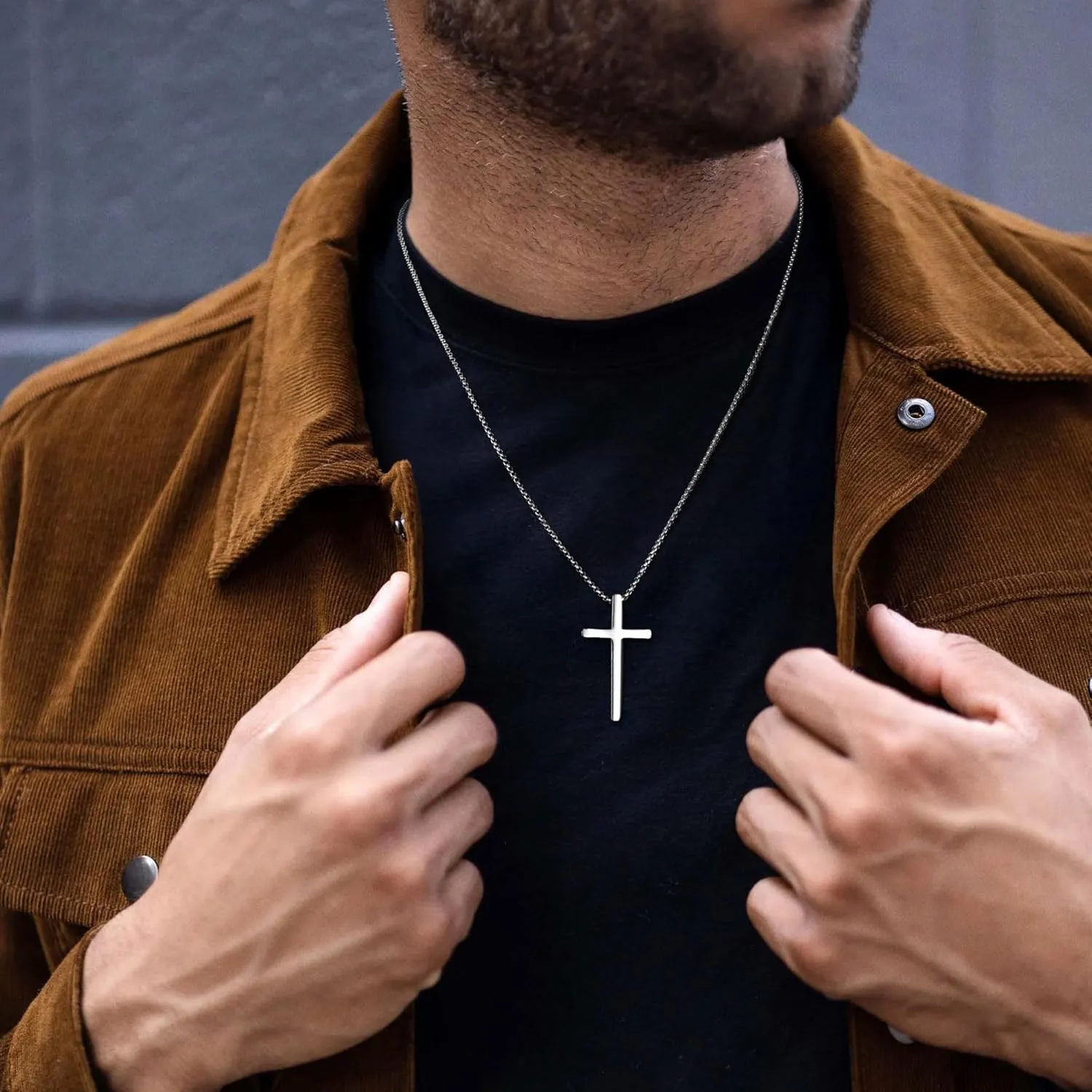 Ursteel 2 Pcs Black Silver Cross Necklace for Men - Inspirational Bible Verse Cross Chain for Men Stainless Steel Cross Pendant Necklace for Men Gifts, Box Chain 18-24 Inch