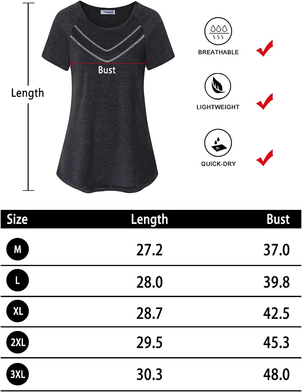 Vindery Women Quick-Dry Line Decor Front Yoga Workout Shirts Athletic Gym Loose Fit Tops