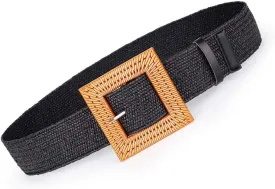 Women Belts For Dresses, Elastic Straw Rattan Waist Band With Large Buckle