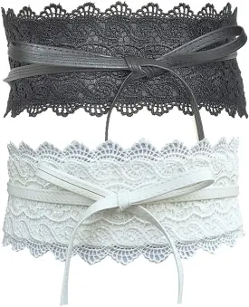 Women's 2 Packs Lace Waist Belt Bow Tie Wrap Around Soft Leather Boho Corset Fashion Elegant for Dresses