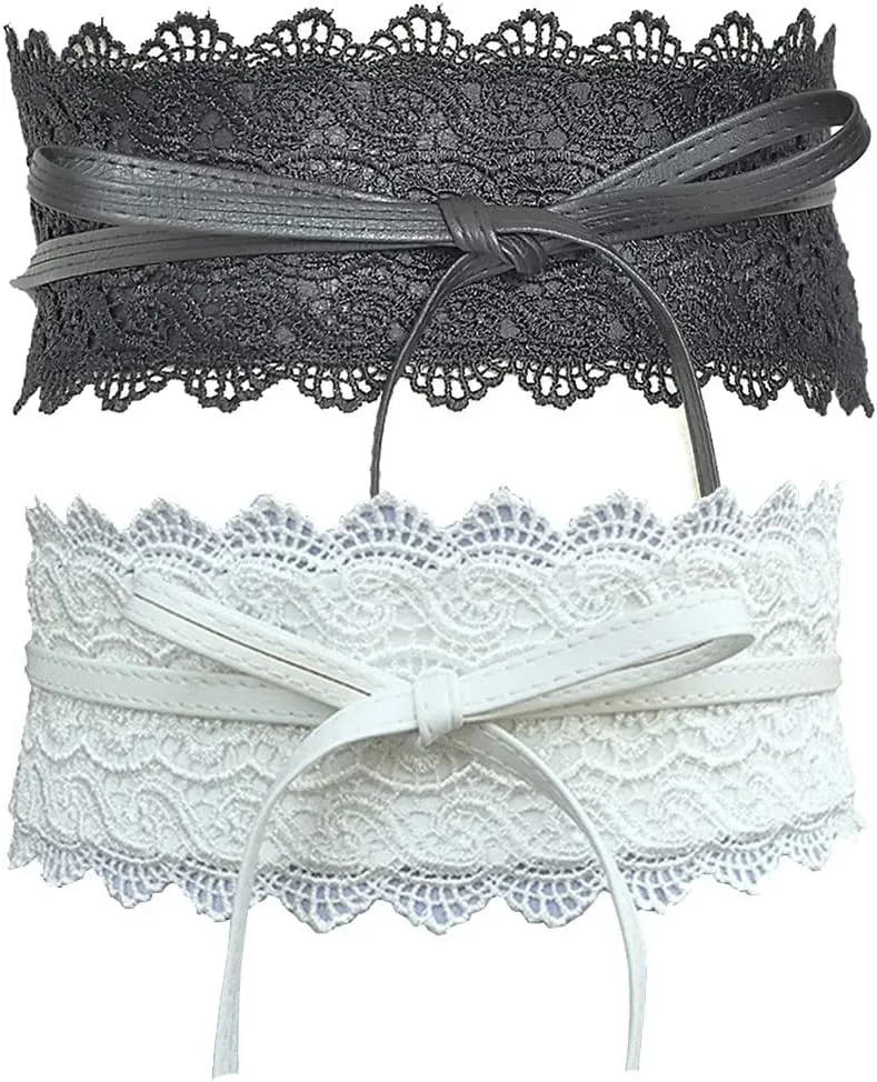 Women's 2 Packs Lace Waist Belt Bow Tie Wrap Around Soft Leather Boho Corset Fashion Elegant for Dresses