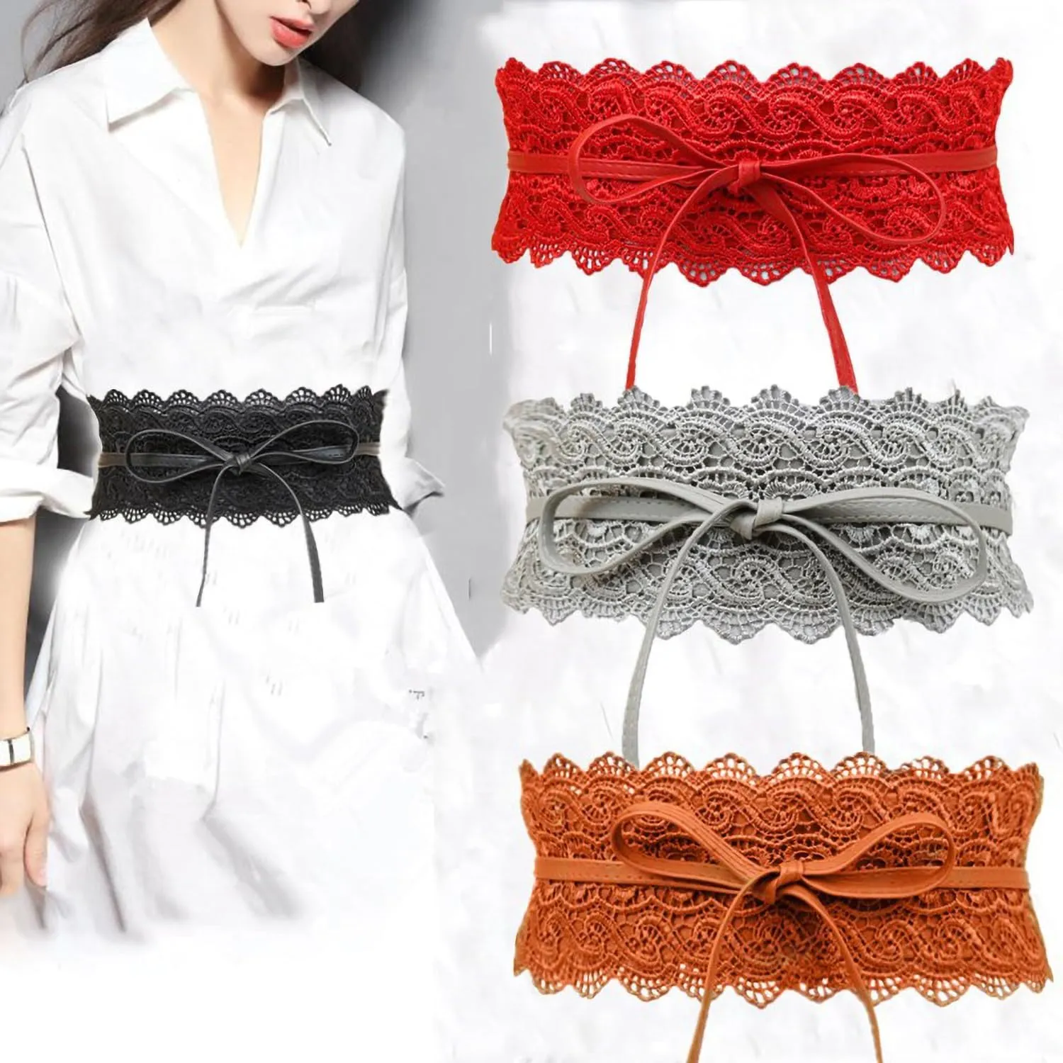 Women's 2 Packs Lace Waist Belt Bow Tie Wrap Around Soft Leather Boho Corset Fashion Elegant for Dresses