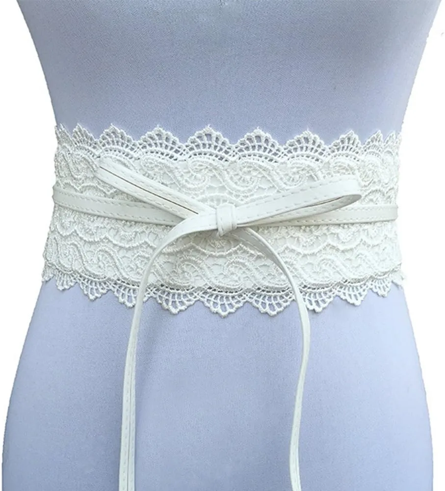 Women's 2 Packs Lace Waist Belt Bow Tie Wrap Around Soft Leather Boho Corset Fashion Elegant for Dresses
