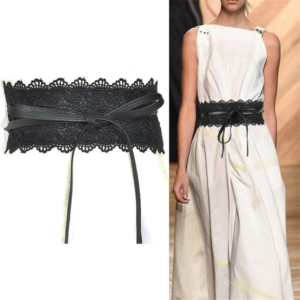 Women's 2 Packs Lace Waist Belt Bow Tie Wrap Around Soft Leather Boho Corset Fashion Elegant for Dresses