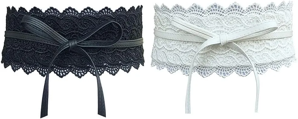 Women's 2 Packs Lace Waist Belt Bow Tie Wrap Around Soft Leather Boho Corset Fashion Elegant for Dresses