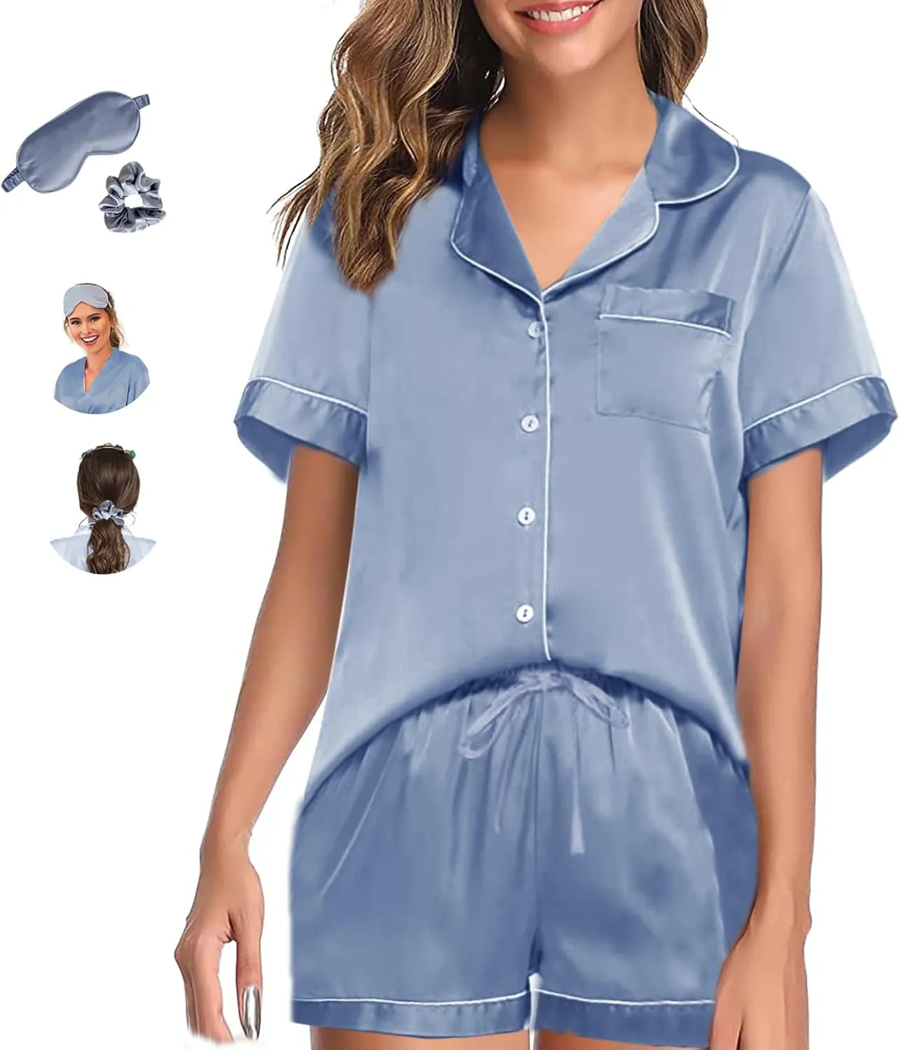 Womens Pajama Sets XS-4XL Silk Satin Pajamas Set Floral 2Pcs Pj Sets Button Down Pjs Set Sleepwear Loungewear