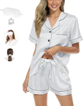 Womens Pajama Sets XS-4XL Silk Satin Pajamas Set Floral 2Pcs Pj Sets Button Down Pjs Set Sleepwear Loungewear