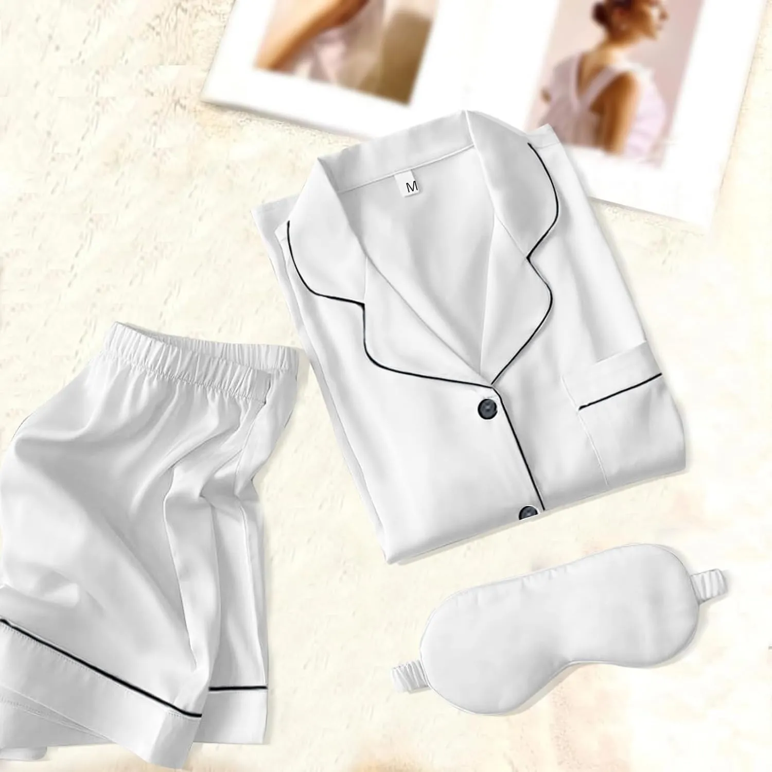 Womens Pajama Sets XS-4XL Silk Satin Pajamas Set Floral 2Pcs Pj Sets Button Down Pjs Set Sleepwear Loungewear