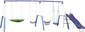 XDP Recreation Surf N Swing Painted Steel 5 Station Kids Outdoor Backyard Swing and Play Set with Wave Slide, Foam Leg Guards, and Hardware, Blue