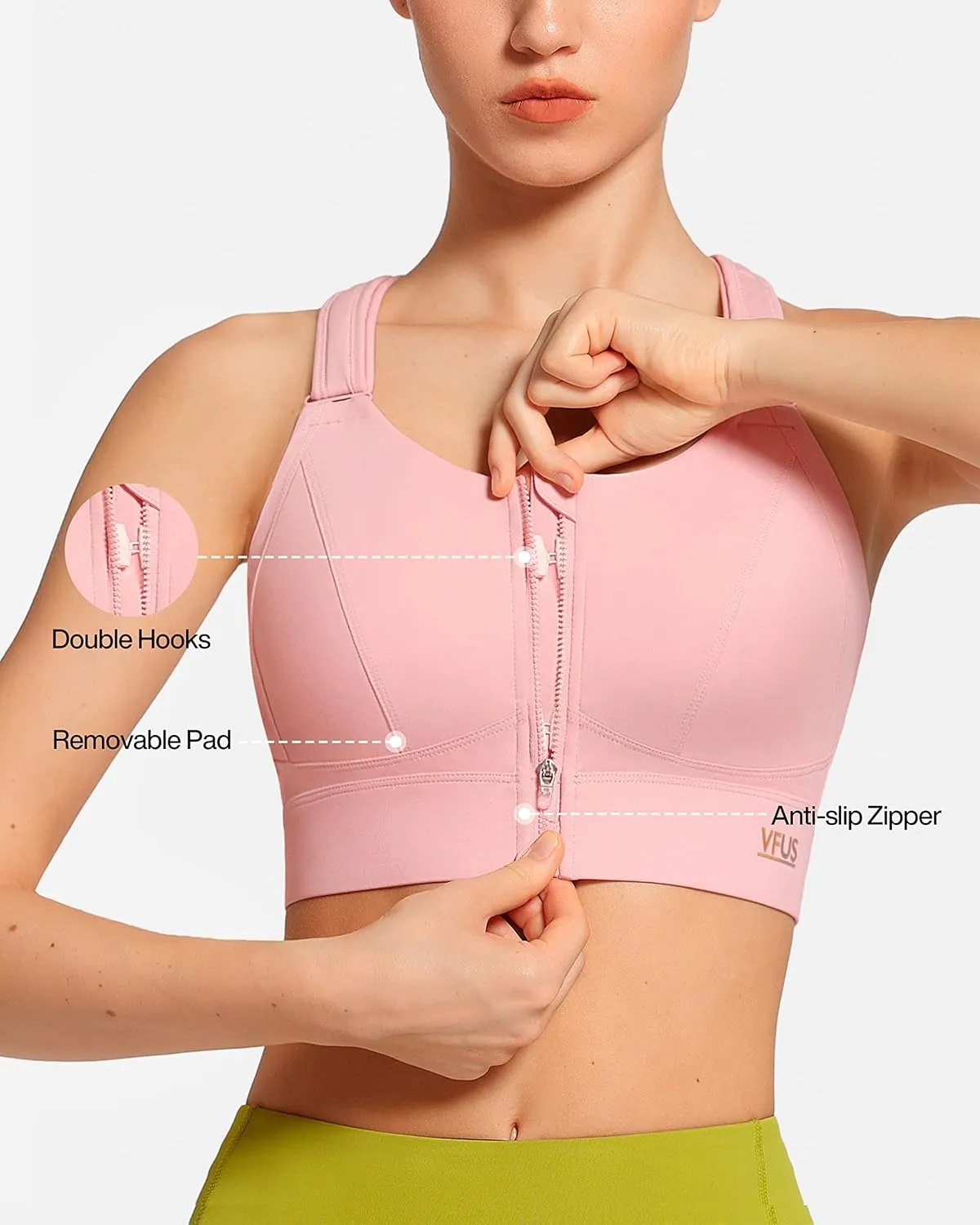Zip Front Adjustable High Impact Sports Bras for Women Large Breasts Full Coverage Workout Running Removable Pads